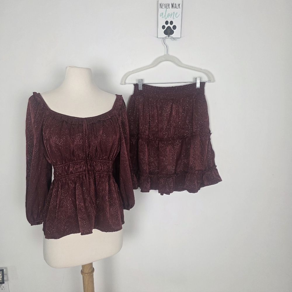 Blu Pepper Metallic Burgundy Two-Piece Skirt Set